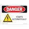 Signmission OSHA Danger Sign, Starts Automatically, 18in X 12in Decal, 18" W, 12" H, Landscape OS-DS-D-1218-L-1578 - alternate 1
